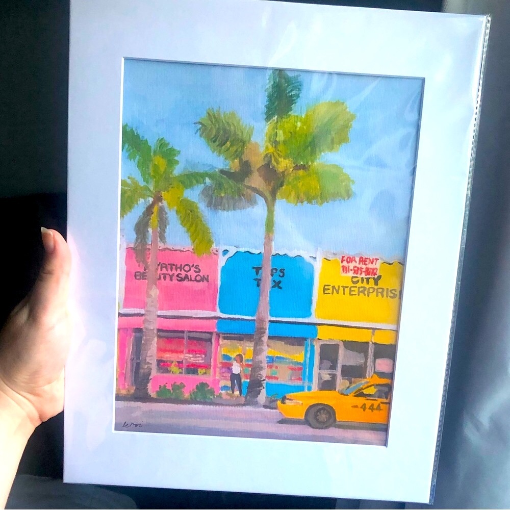 Miami retro colorful painting 11x14 with matte, gouache painting palm trees taxi